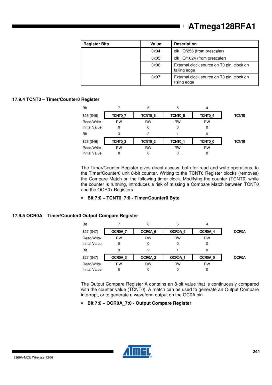 4 tcnt0 - timer/counter0 register, 5 ocr0a - timer/counter0 output compare register, Atmega128rfa1 | Rainbow Electronics ATmega128RFA1 User Manual | Page 241 / 524