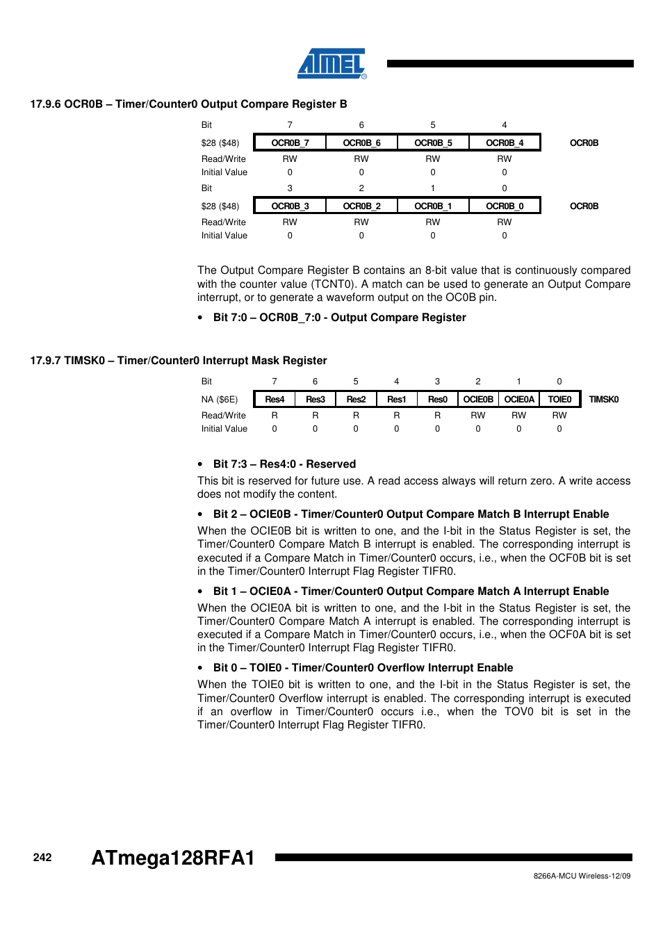 6 ocr0b - timer/counter0 output compare register b, 7 timsk0 - timer/counter0 interrupt mask register, Atmega128rfa1 | Rainbow Electronics ATmega128RFA1 User Manual | Page 242 / 524