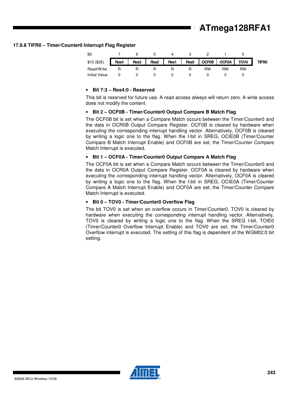 8 tifr0 - timer/counter0 interrupt flag register, Atmega128rfa1 | Rainbow Electronics ATmega128RFA1 User Manual | Page 243 / 524