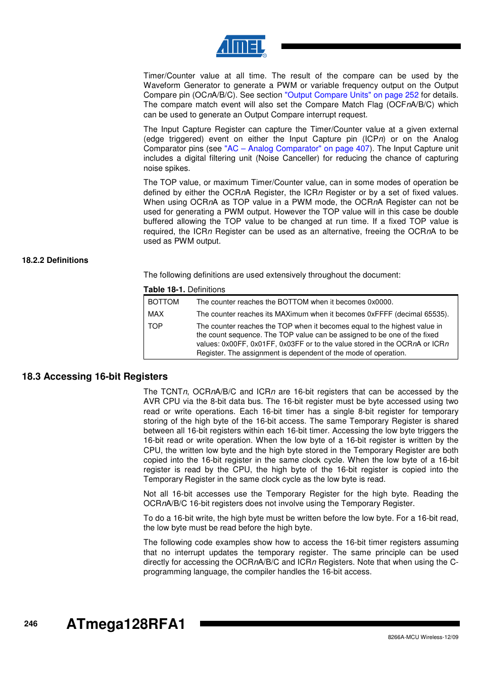 2 definitions, 3 accessing 16-bit registers | Rainbow Electronics ATmega128RFA1 User Manual | Page 246 / 524