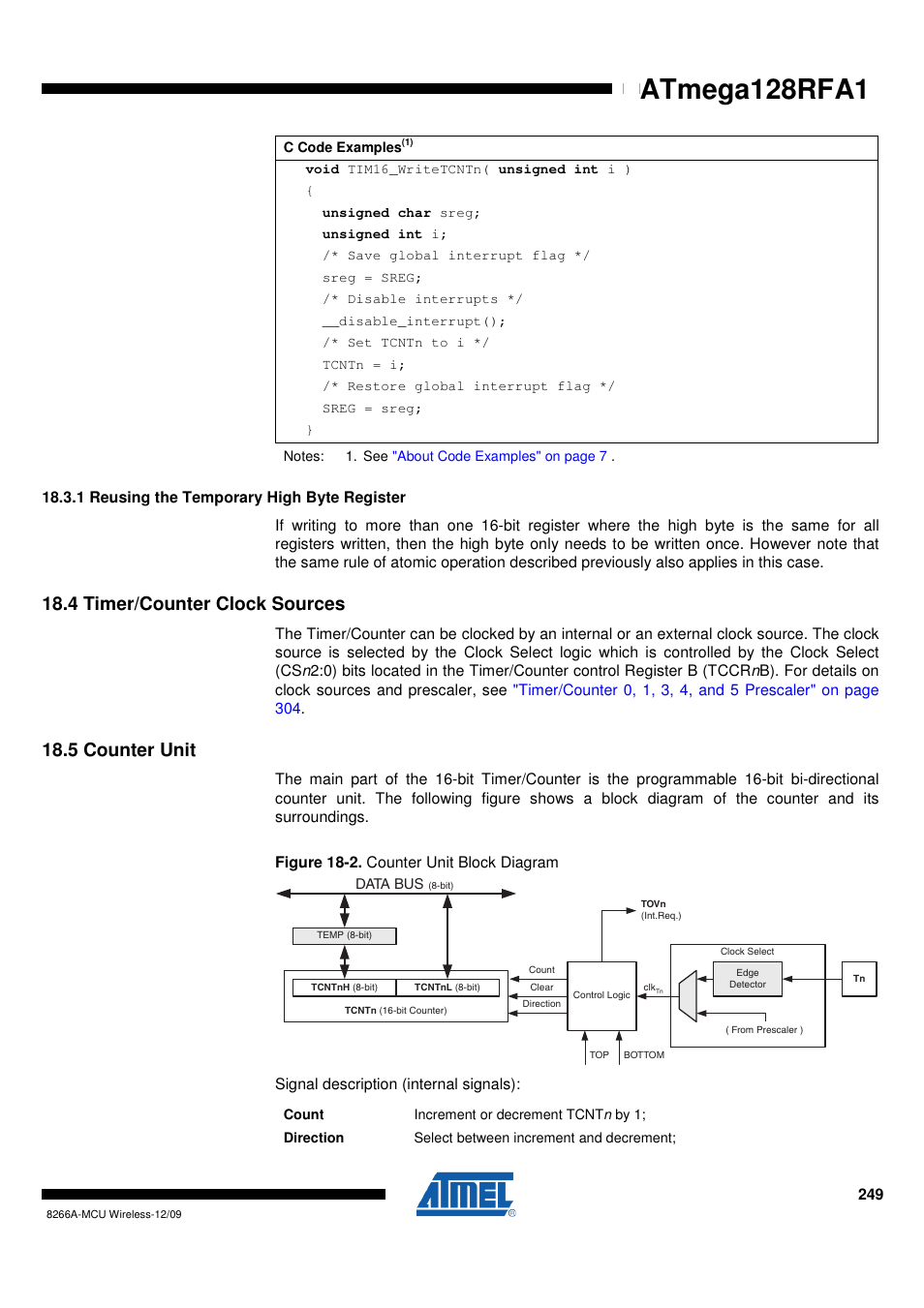 1 reusing the temporary high byte register, 4 timer/counter clock sources, 5 counter unit | Atmega128rfa1 | Rainbow Electronics ATmega128RFA1 User Manual | Page 249 / 524