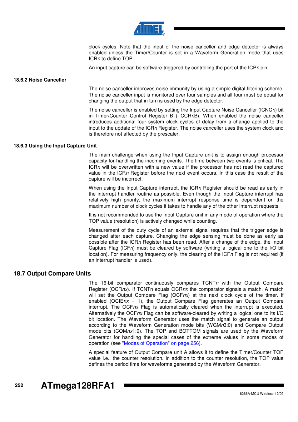 2 noise canceller, 3 using the input capture unit, 7 output compare units | Rainbow Electronics ATmega128RFA1 User Manual | Page 252 / 524