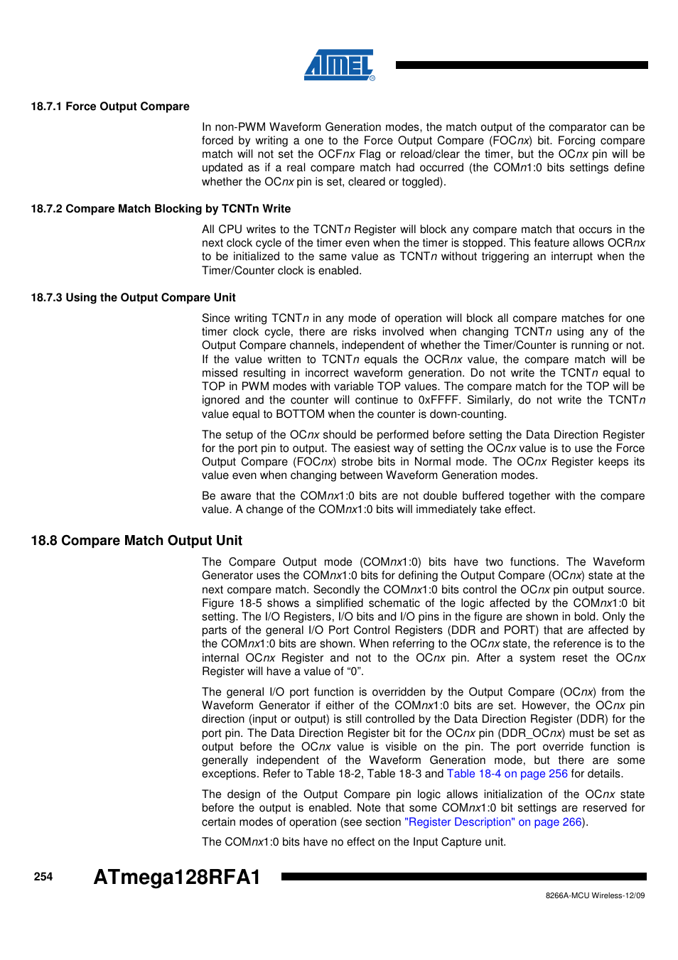 1 force output compare, 2 compare match blocking by tcntn write, 3 using the output compare unit | 8 compare match output unit | Rainbow Electronics ATmega128RFA1 User Manual | Page 254 / 524