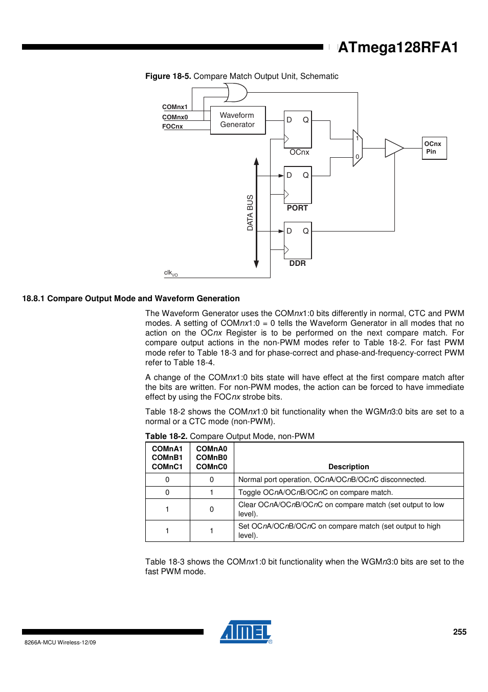 1 compare output mode and waveform generation, Atmega128rfa1 | Rainbow Electronics ATmega128RFA1 User Manual | Page 255 / 524