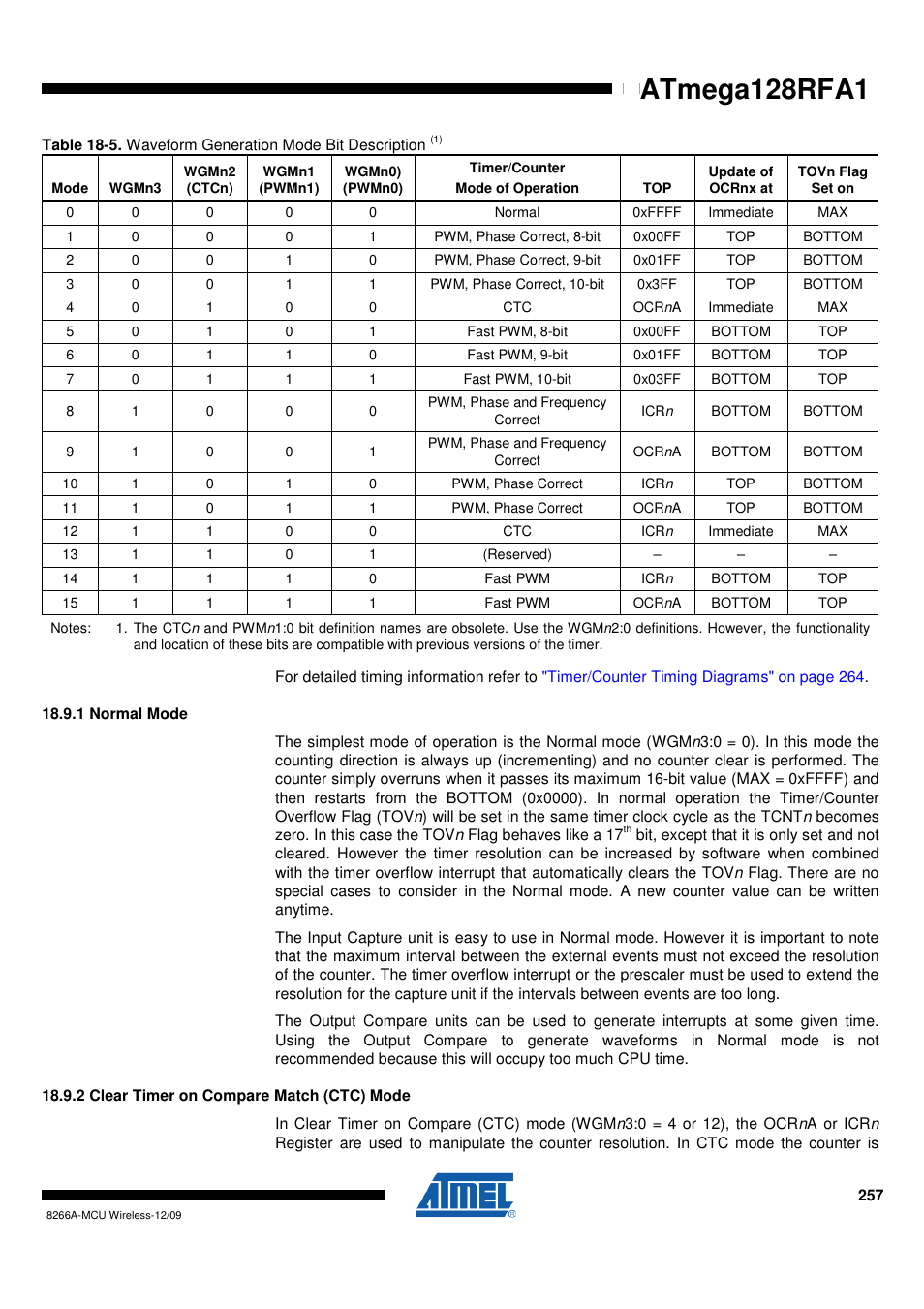 1 normal mode, 2 clear timer on compare match (ctc) mode, Atmega128rfa1 | Rainbow Electronics ATmega128RFA1 User Manual | Page 257 / 524