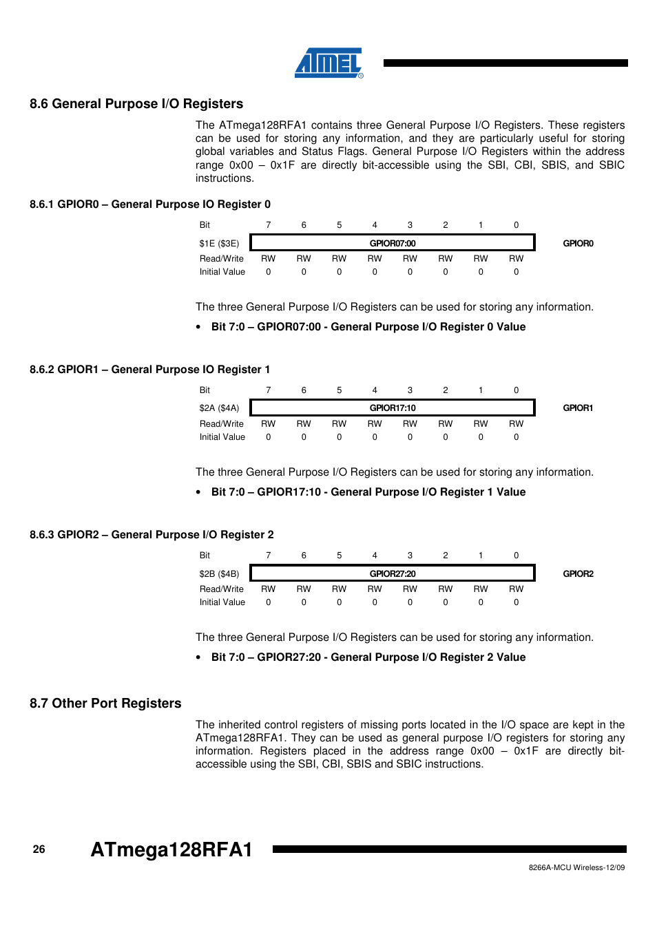 6 general purpose i/o registers, 1 gpior0 - general purpose io register 0, 2 gpior1 - general purpose io register 1 | 3 gpior2 - general purpose i/o register 2, 7 other port registers, Atmega128rfa1 | Rainbow Electronics ATmega128RFA1 User Manual | Page 26 / 524