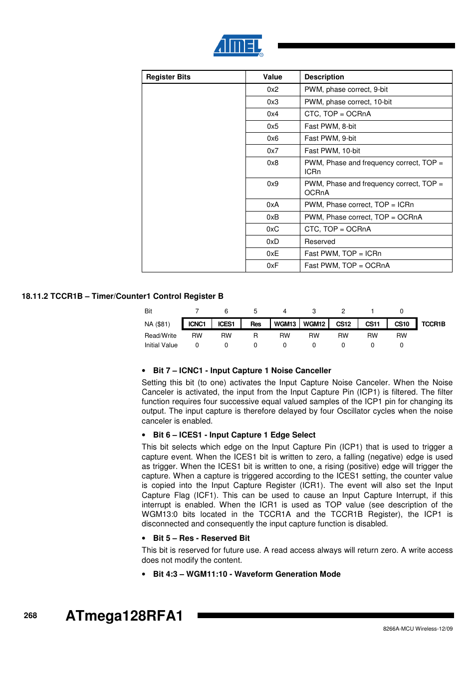 2 tccr1b - timer/counter1 control register b, Atmega128rfa1 | Rainbow Electronics ATmega128RFA1 User Manual | Page 268 / 524
