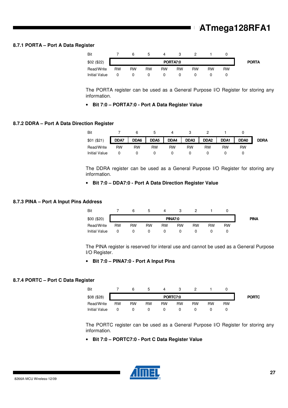 1 porta - port a data register, 2 ddra - port a data direction register, 3 pina - port a input pins address | 4 portc - port c data register, Atmega128rfa1 | Rainbow Electronics ATmega128RFA1 User Manual | Page 27 / 524