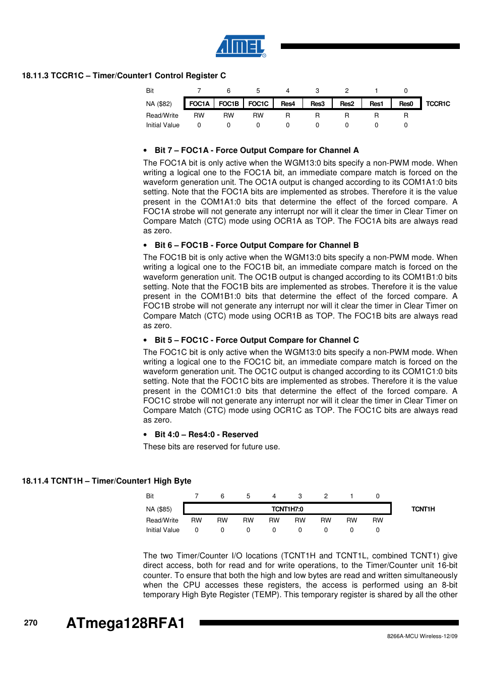 3 tccr1c - timer/counter1 control register c, 4 tcnt1h - timer/counter1 high byte, Atmega128rfa1 | Rainbow Electronics ATmega128RFA1 User Manual | Page 270 / 524