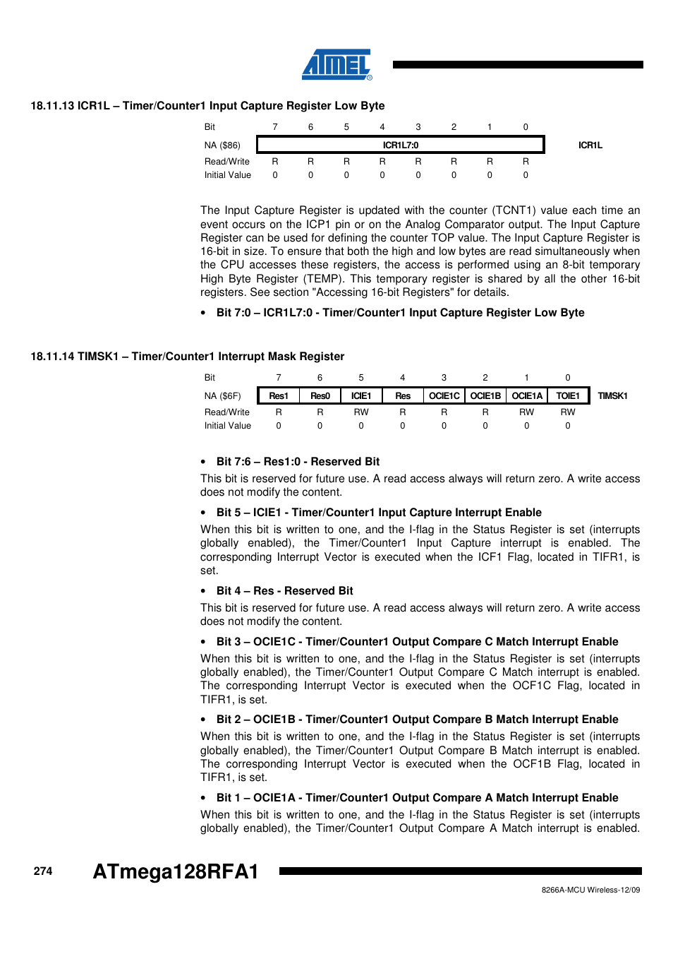14 timsk1 - timer/counter1 interrupt mask register, Atmega128rfa1 | Rainbow Electronics ATmega128RFA1 User Manual | Page 274 / 524