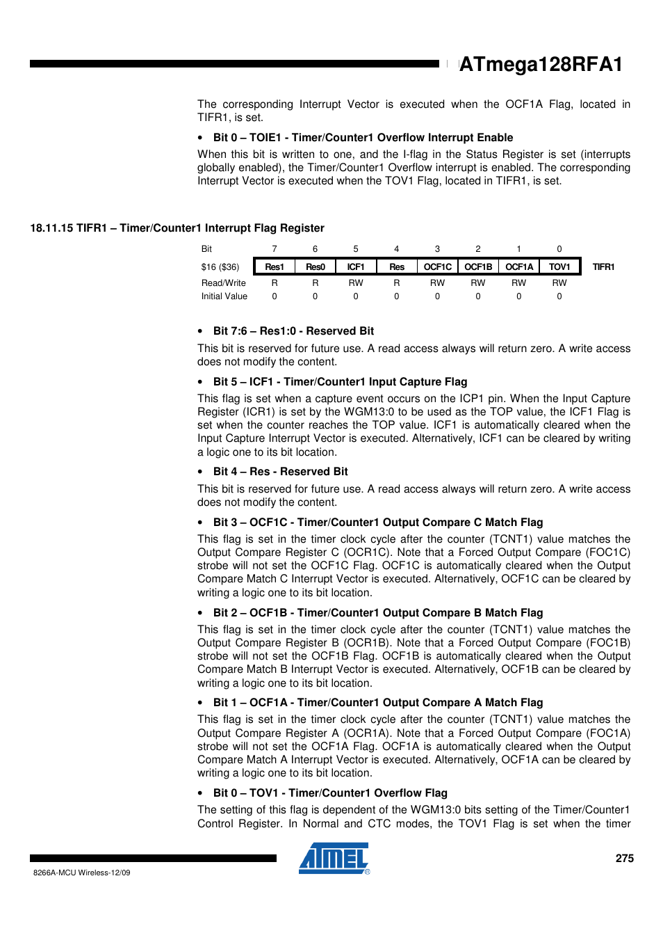 15 tifr1 - timer/counter1 interrupt flag register, Atmega128rfa1 | Rainbow Electronics ATmega128RFA1 User Manual | Page 275 / 524
