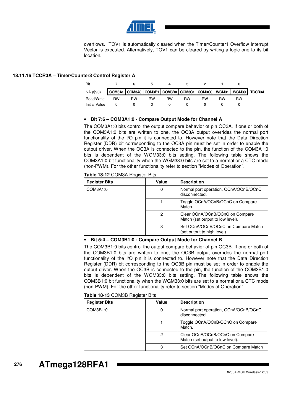 16 tccr3a - timer/counter3 control register a, Atmega128rfa1 | Rainbow Electronics ATmega128RFA1 User Manual | Page 276 / 524