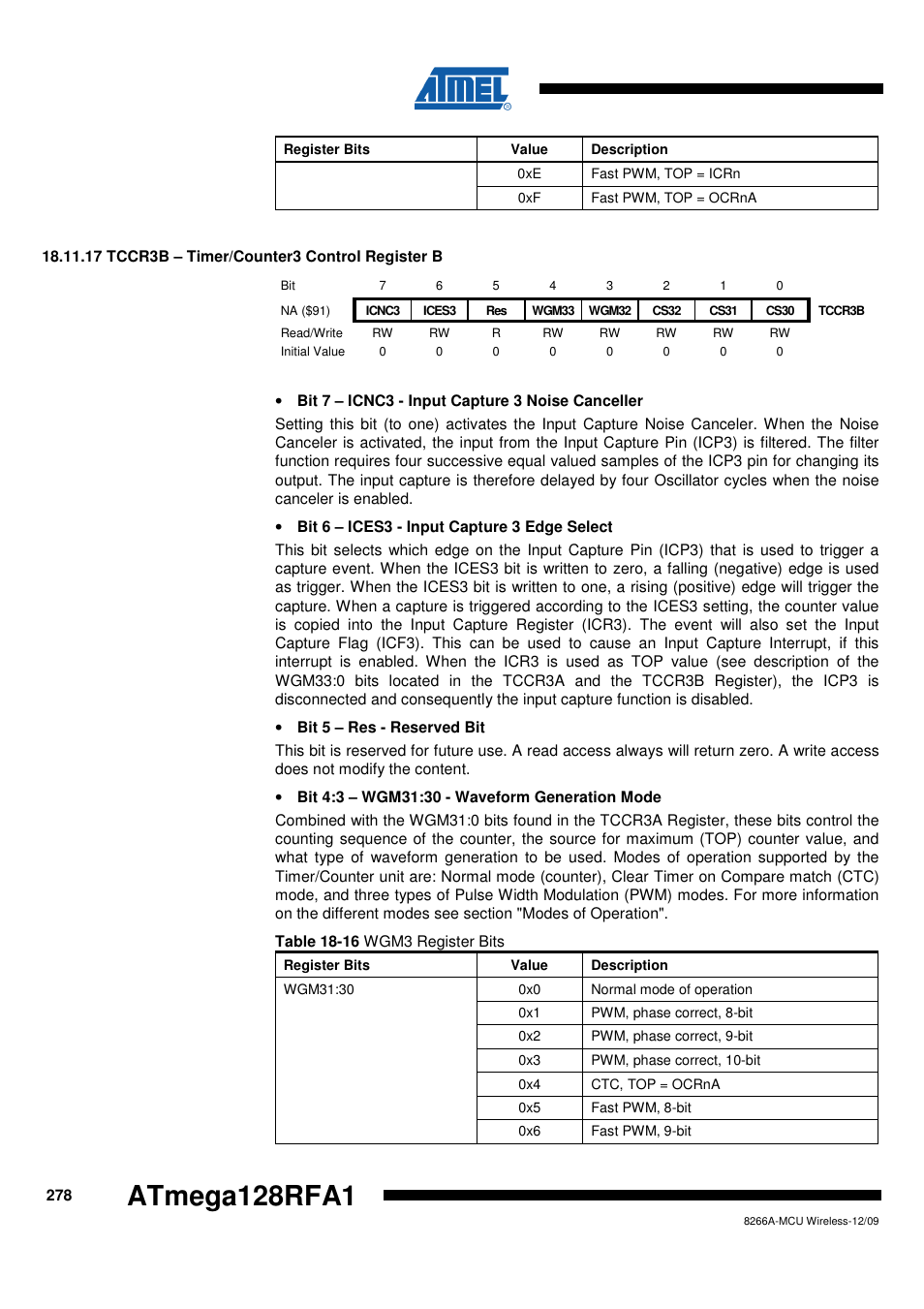 17 tccr3b - timer/counter3 control register b, Atmega128rfa1 | Rainbow Electronics ATmega128RFA1 User Manual | Page 278 / 524