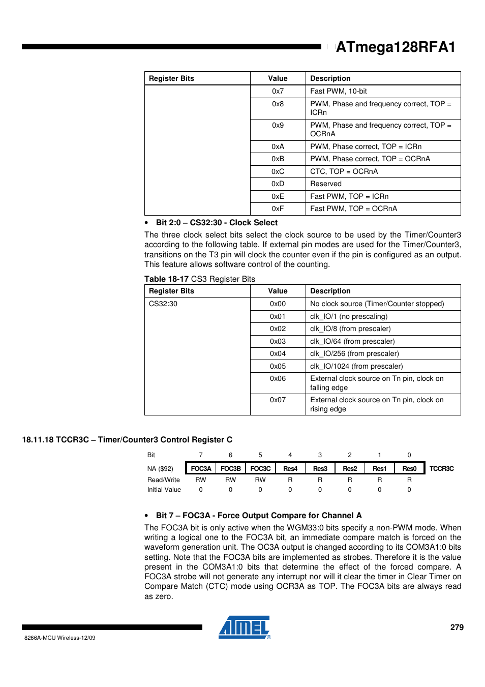 18 tccr3c - timer/counter3 control register c, Atmega128rfa1 | Rainbow Electronics ATmega128RFA1 User Manual | Page 279 / 524