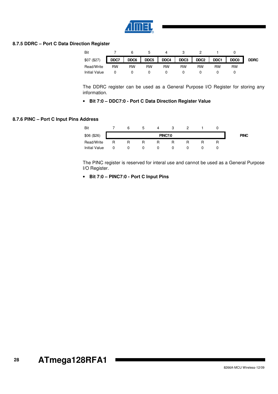 5 ddrc - port c data direction register, 6 pinc - port c input pins address, Atmega128rfa1 | Rainbow Electronics ATmega128RFA1 User Manual | Page 28 / 524