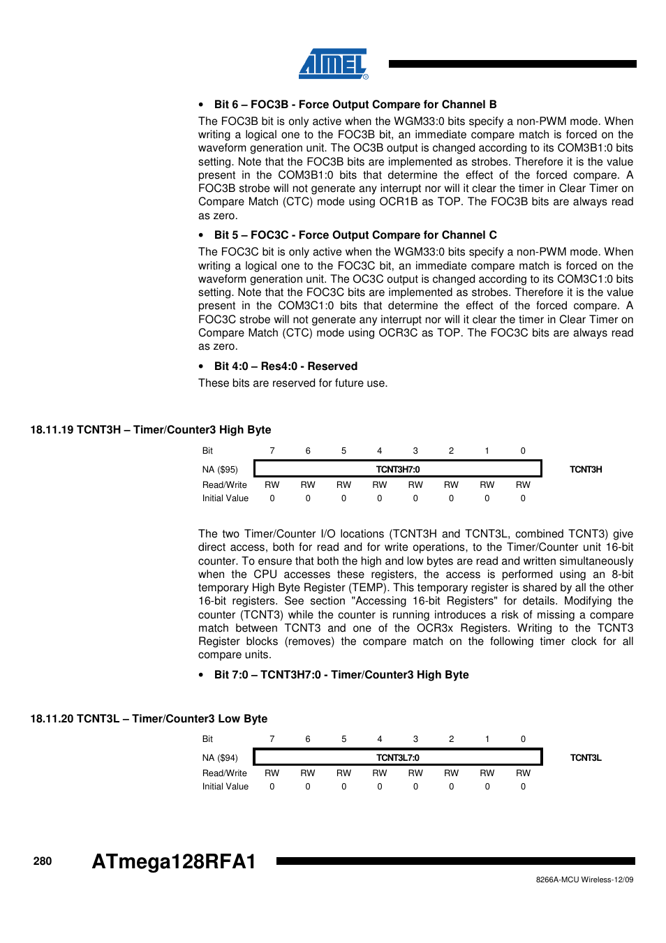 19 tcnt3h - timer/counter3 high byte, 20 tcnt3l - timer/counter3 low byte, Atmega128rfa1 | Rainbow Electronics ATmega128RFA1 User Manual | Page 280 / 524