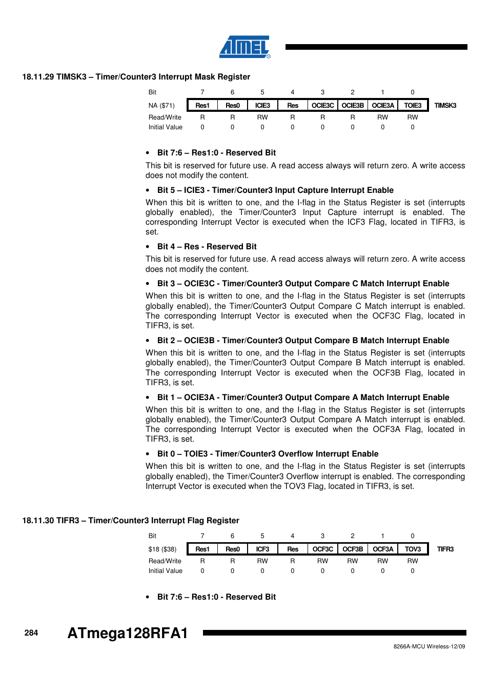 29 timsk3 - timer/counter3 interrupt mask register, 30 tifr3 - timer/counter3 interrupt flag register, Atmega128rfa1 | Rainbow Electronics ATmega128RFA1 User Manual | Page 284 / 524