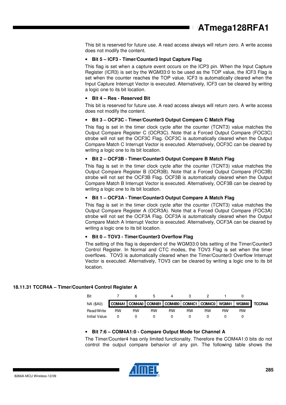 31 tccr4a - timer/counter4 control register a, Atmega128rfa1 | Rainbow Electronics ATmega128RFA1 User Manual | Page 285 / 524