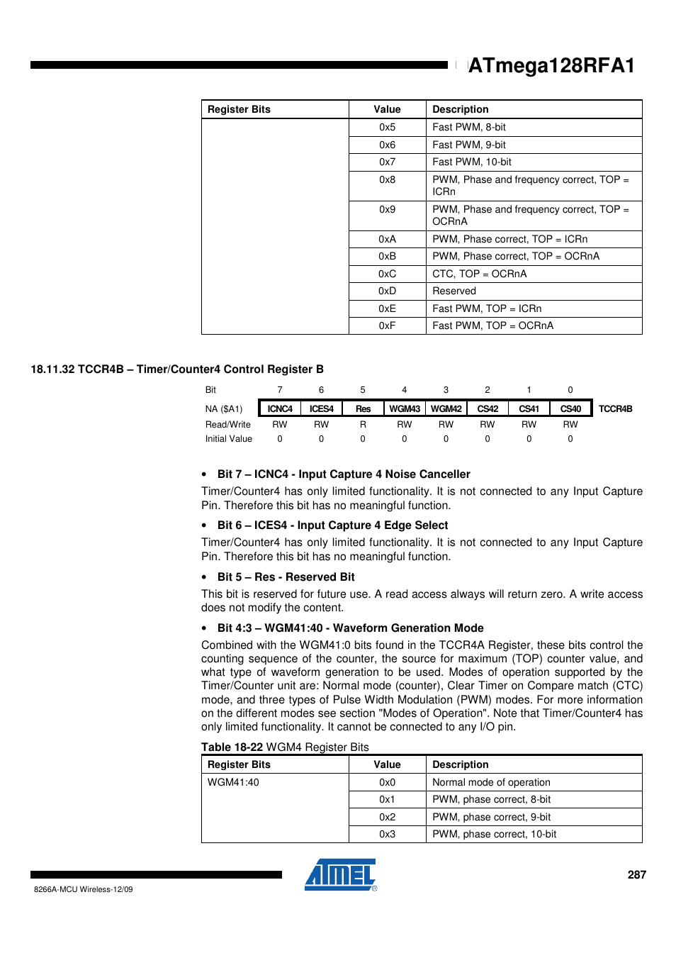 32 tccr4b - timer/counter4 control register b, Atmega128rfa1 | Rainbow Electronics ATmega128RFA1 User Manual | Page 287 / 524