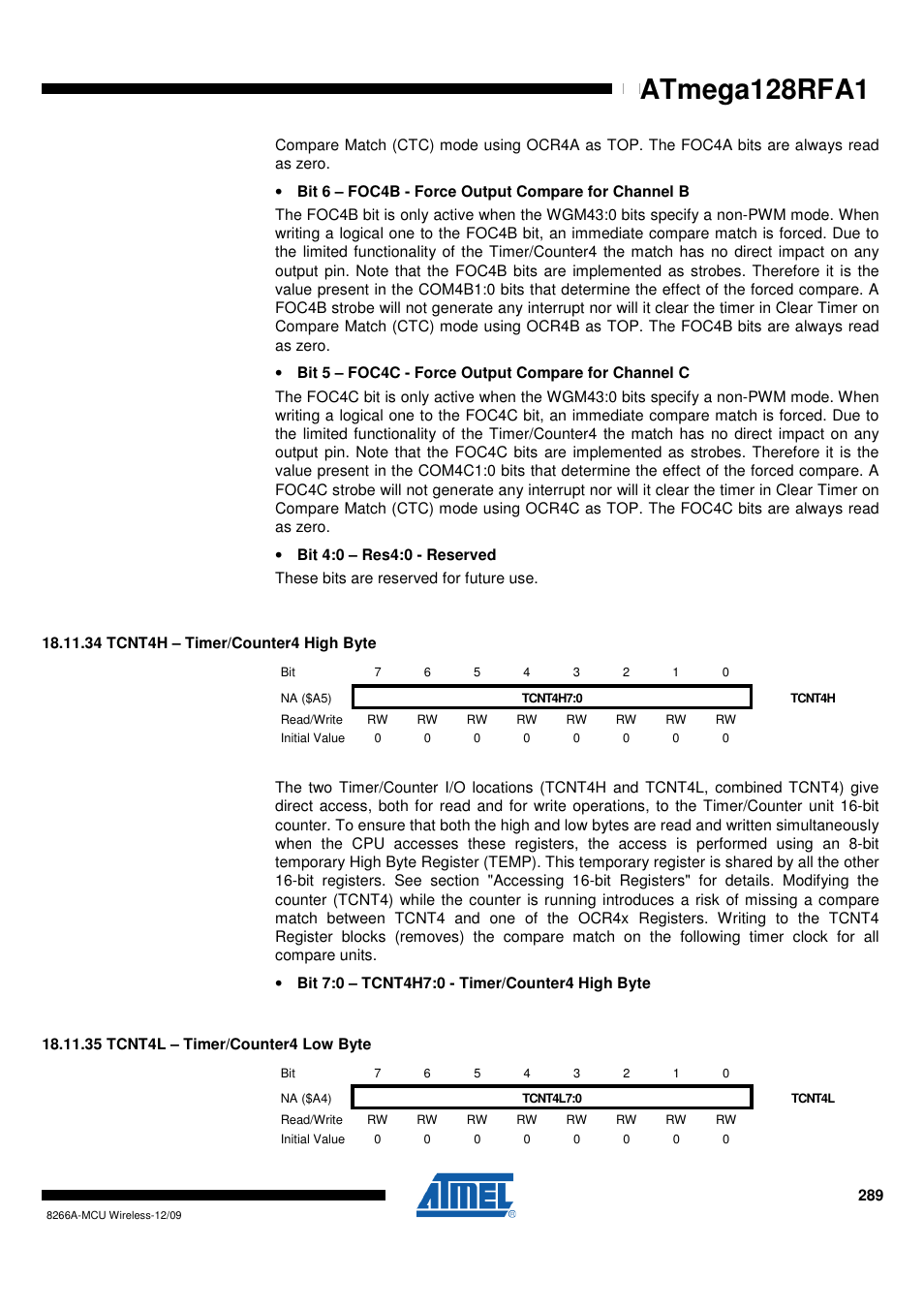 34 tcnt4h - timer/counter4 high byte, 35 tcnt4l - timer/counter4 low byte, Atmega128rfa1 | Rainbow Electronics ATmega128RFA1 User Manual | Page 289 / 524