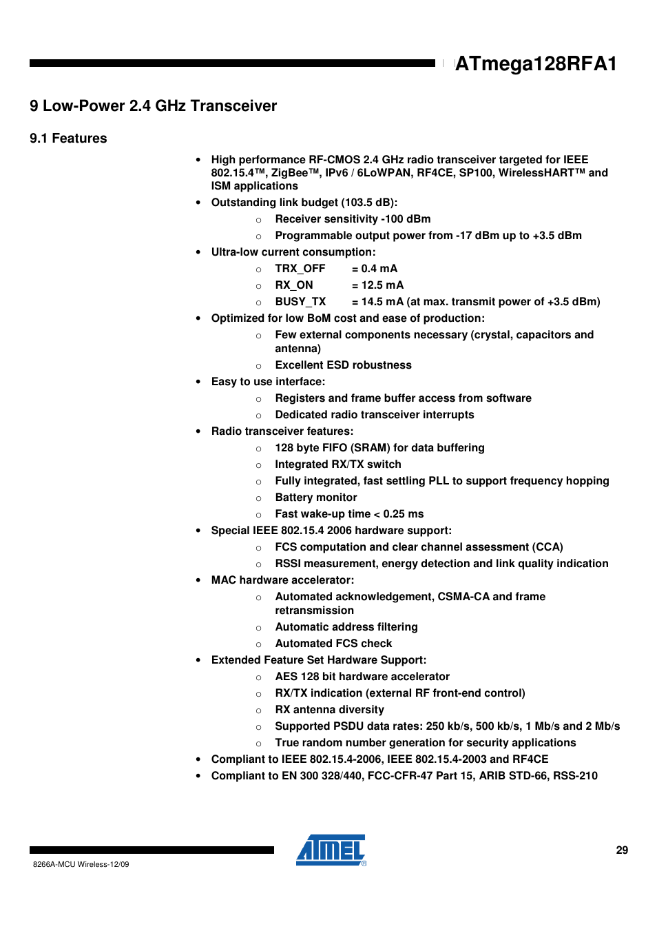 9 low-power 2.4 ghz transceiver, 1 features, Atmega128rfa1 | Rainbow Electronics ATmega128RFA1 User Manual | Page 29 / 524