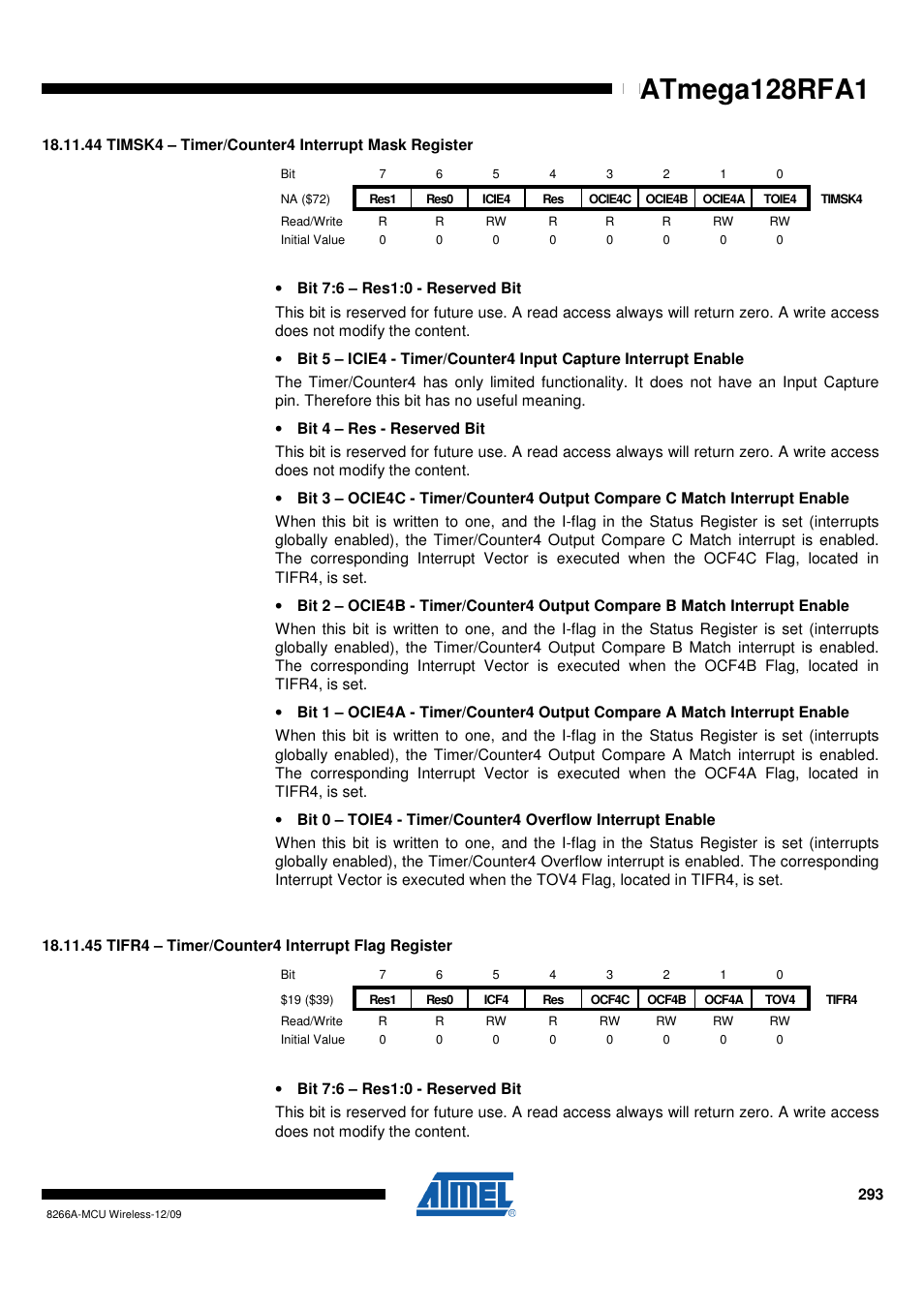 44 timsk4 - timer/counter4 interrupt mask register, 45 tifr4 - timer/counter4 interrupt flag register, Atmega128rfa1 | Rainbow Electronics ATmega128RFA1 User Manual | Page 293 / 524