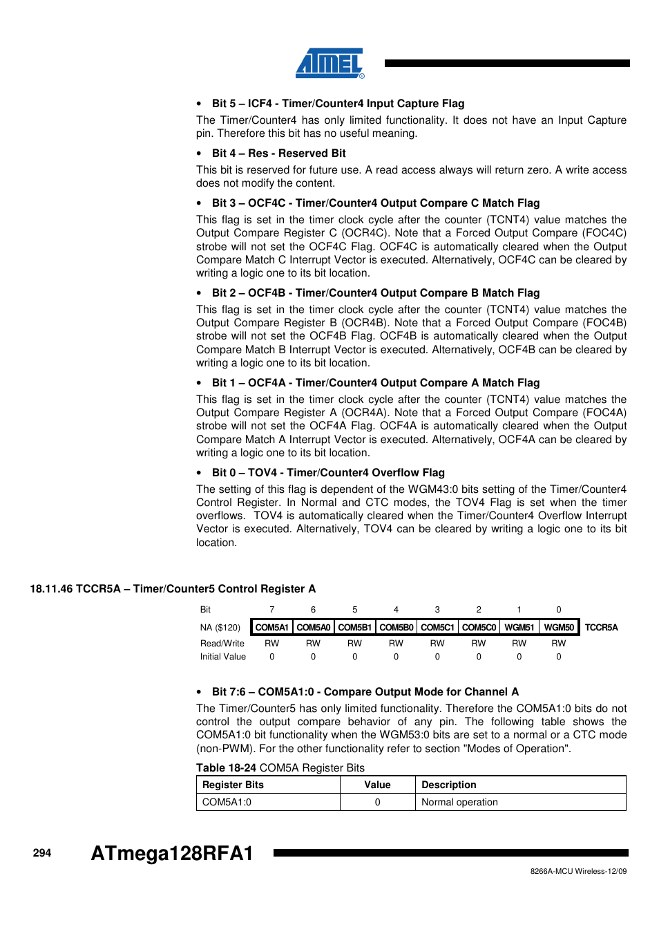 46 tccr5a - timer/counter5 control register a, Atmega128rfa1 | Rainbow Electronics ATmega128RFA1 User Manual | Page 294 / 524