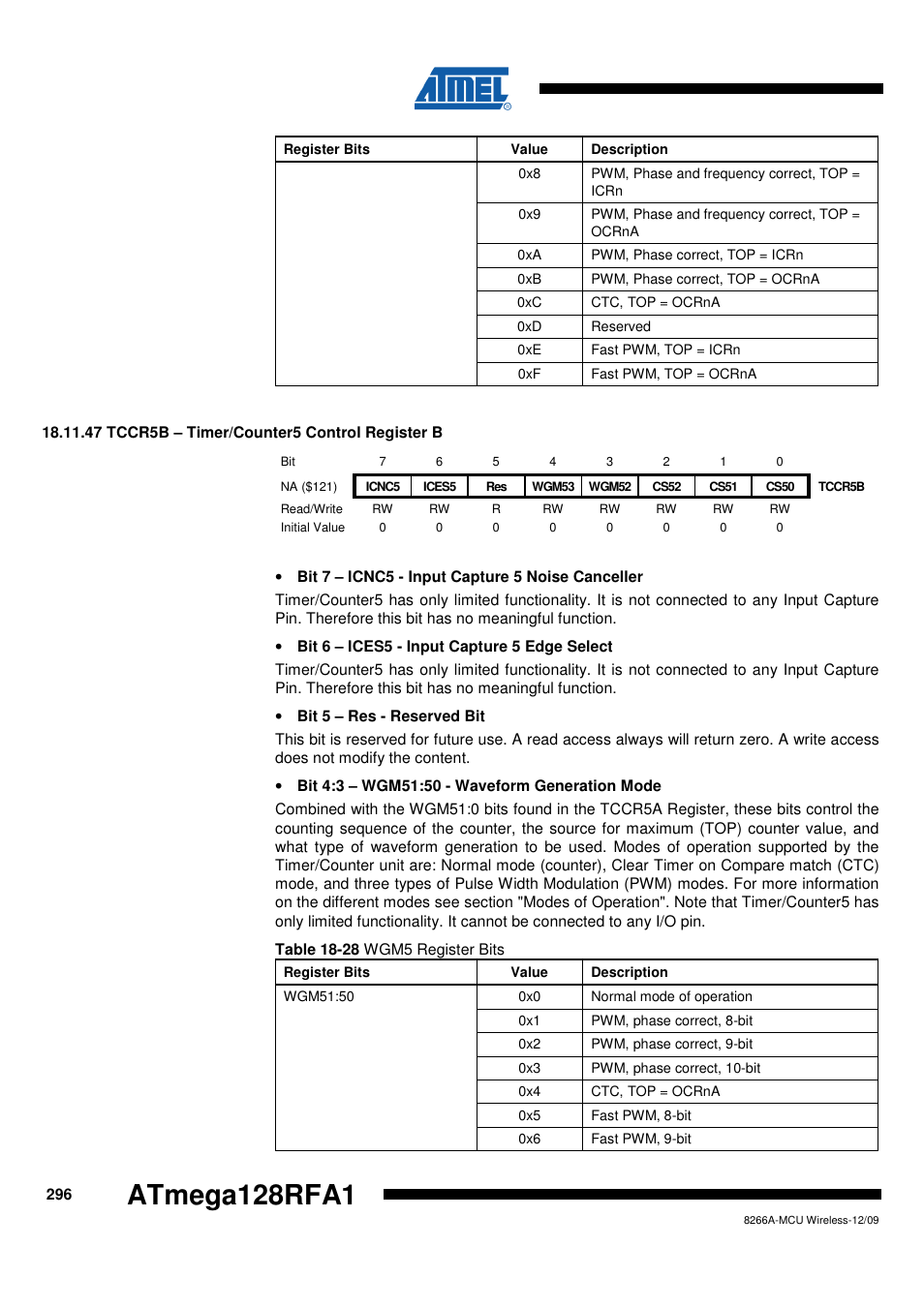47 tccr5b - timer/counter5 control register b, Atmega128rfa1 | Rainbow Electronics ATmega128RFA1 User Manual | Page 296 / 524