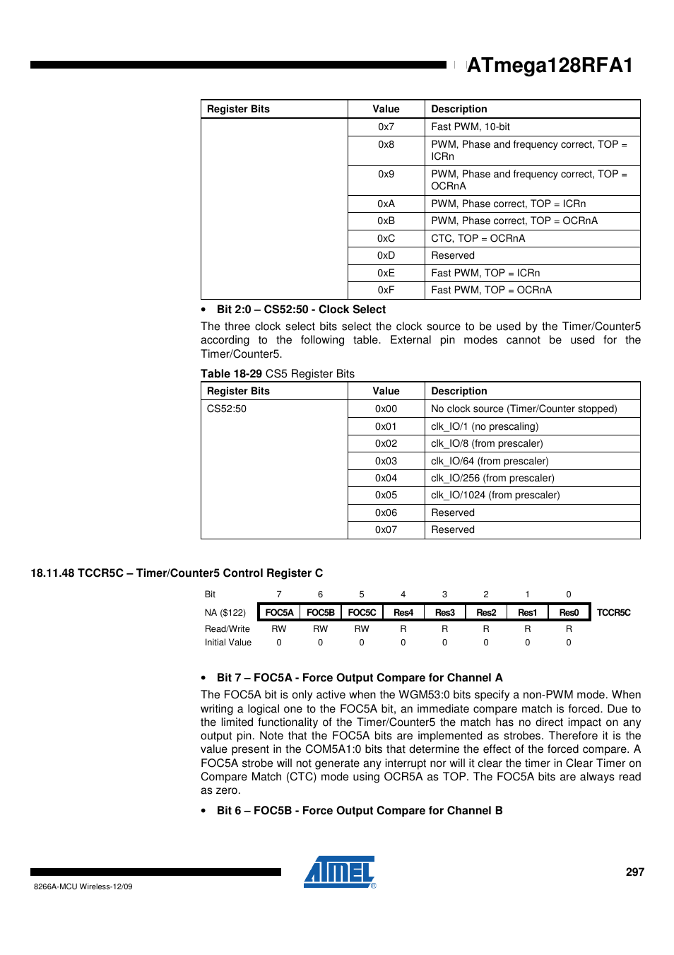 48 tccr5c - timer/counter5 control register c, Atmega128rfa1 | Rainbow Electronics ATmega128RFA1 User Manual | Page 297 / 524