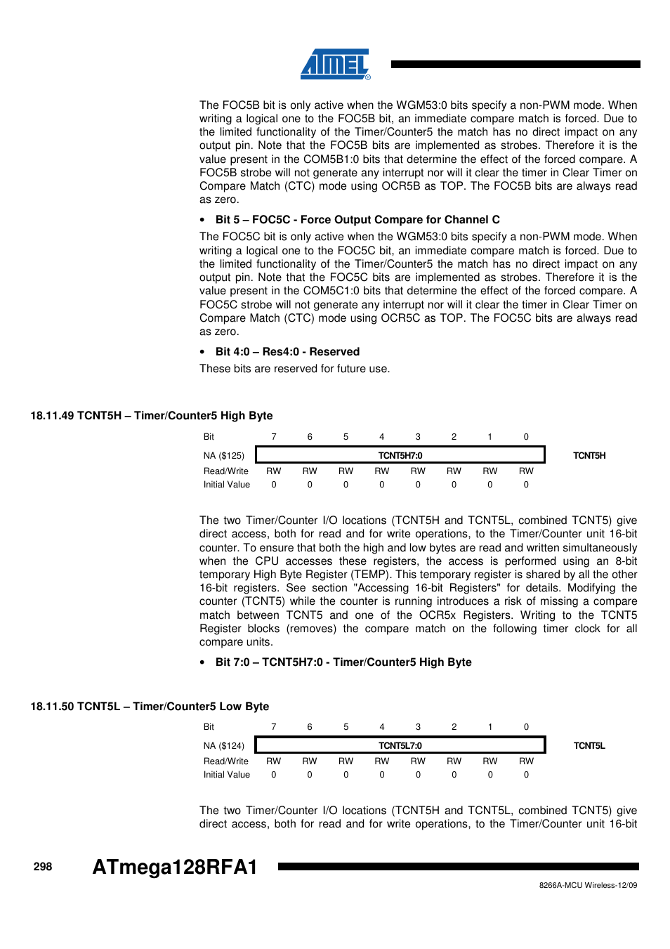 49 tcnt5h - timer/counter5 high byte, 50 tcnt5l - timer/counter5 low byte, Atmega128rfa1 | Rainbow Electronics ATmega128RFA1 User Manual | Page 298 / 524