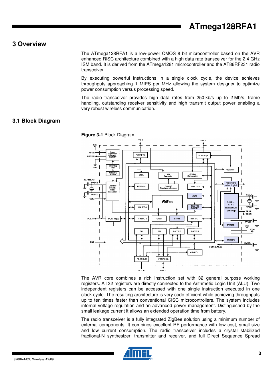 3 overview, 1 block diagram | Rainbow Electronics ATmega128RFA1 User Manual | Page 3 / 524