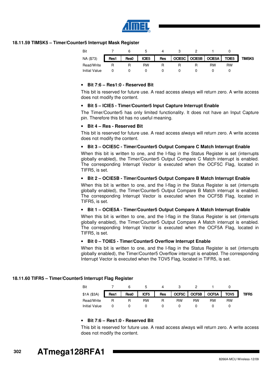 59 timsk5 - timer/counter5 interrupt mask register, 60 tifr5 - timer/counter5 interrupt flag register, Atmega128rfa1 | Rainbow Electronics ATmega128RFA1 User Manual | Page 302 / 524