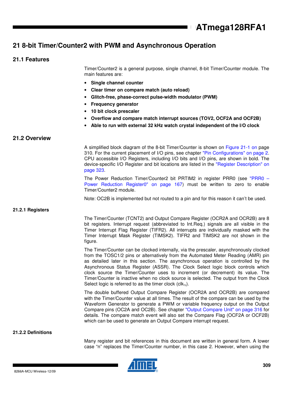 1 features, 2 overview, 1 registers | 2 definitions, Bit timer/counter2 with pwm and asynchronous, Atmega128rfa1 | Rainbow Electronics ATmega128RFA1 User Manual | Page 309 / 524