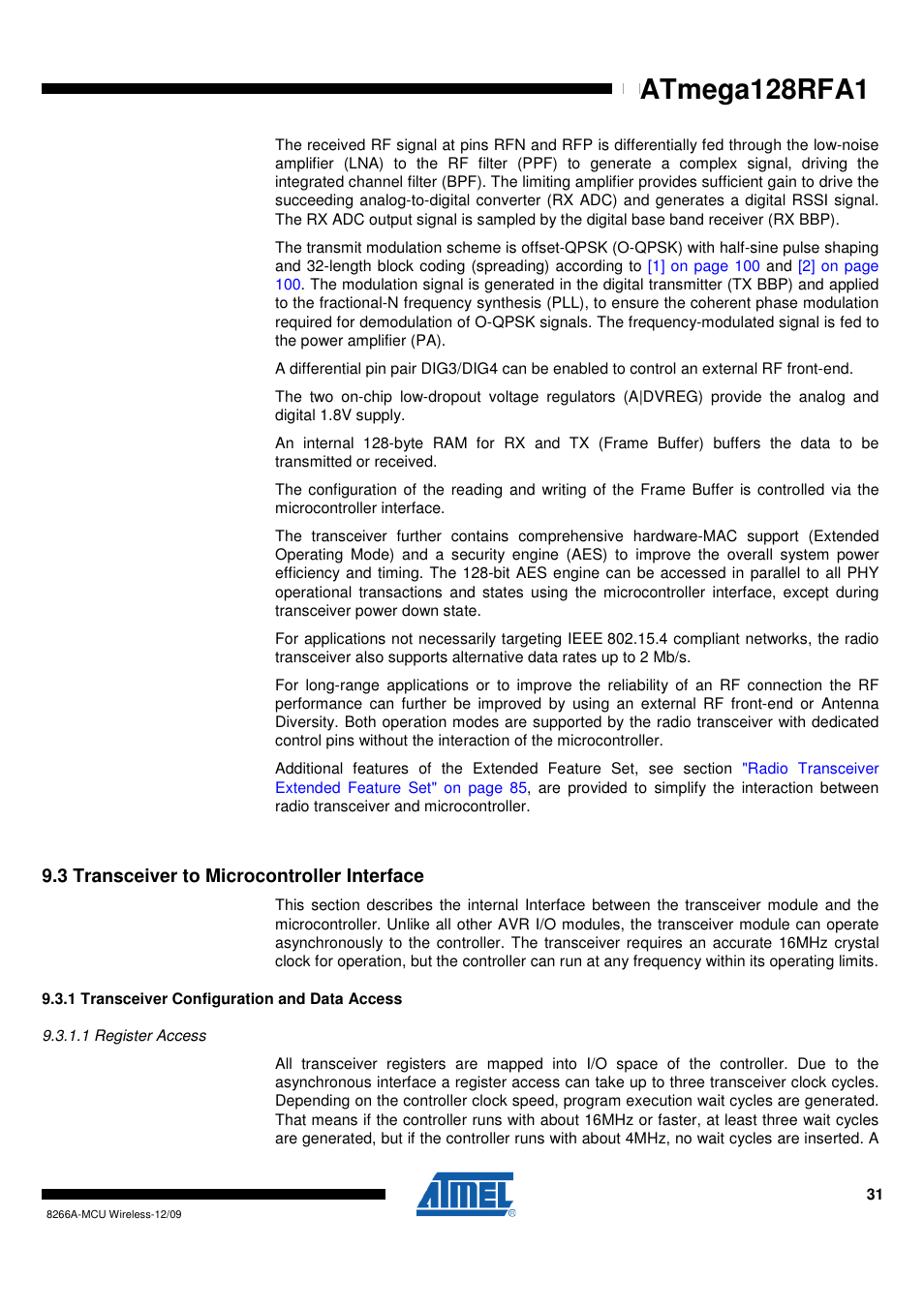 3 transceiver to microcontroller interface, 1 transceiver configuration and data access, 1 register access | Rainbow Electronics ATmega128RFA1 User Manual | Page 31 / 524