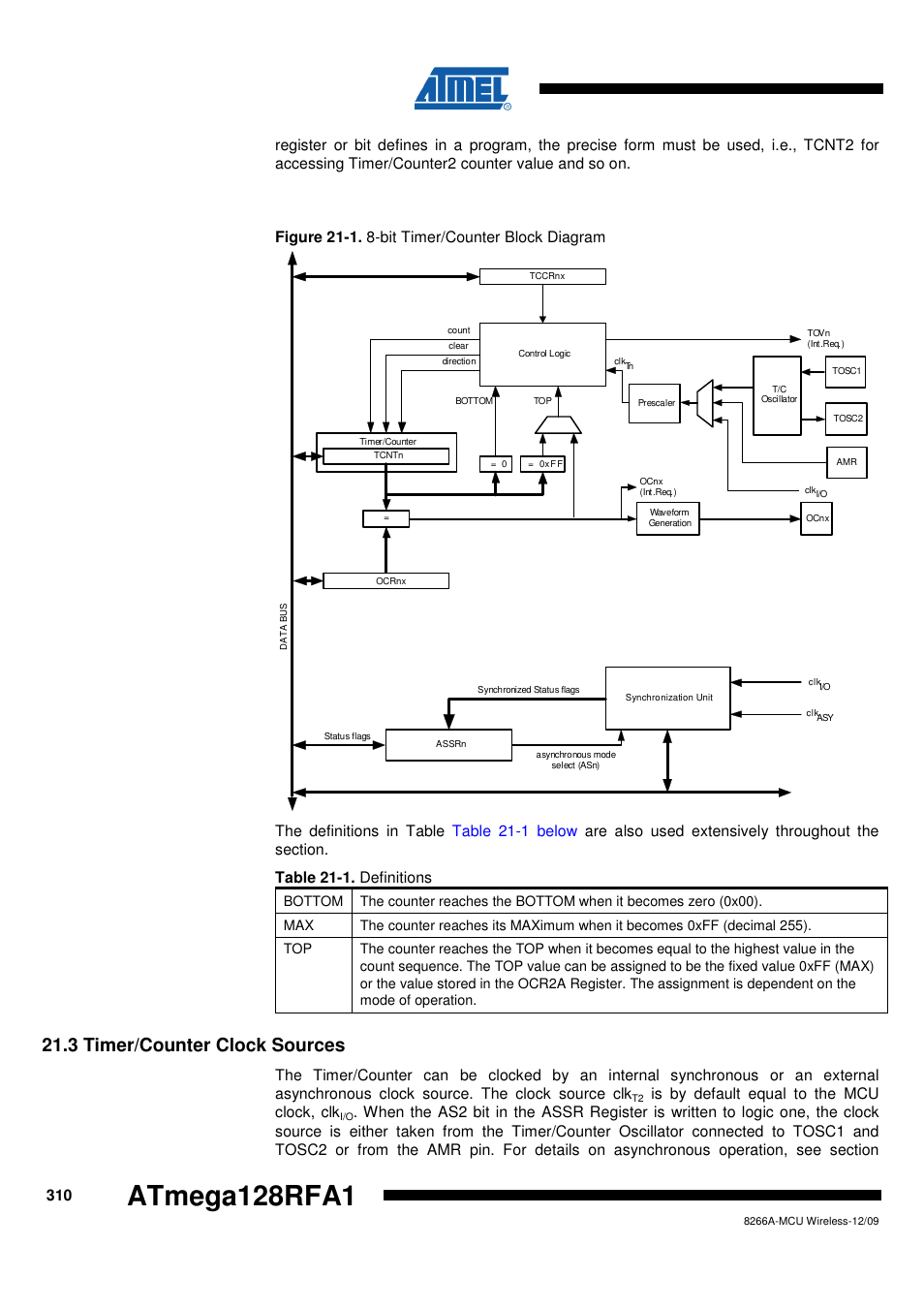 3 timer/counter clock sources, Figure 21-1 on, Atmega128rfa1 | Rainbow Electronics ATmega128RFA1 User Manual | Page 310 / 524