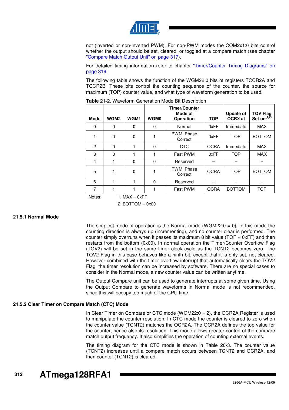 1 normal mode, 2 clear timer on compare match (ctc) mode, Atmega128rfa1 | Rainbow Electronics ATmega128RFA1 User Manual | Page 312 / 524