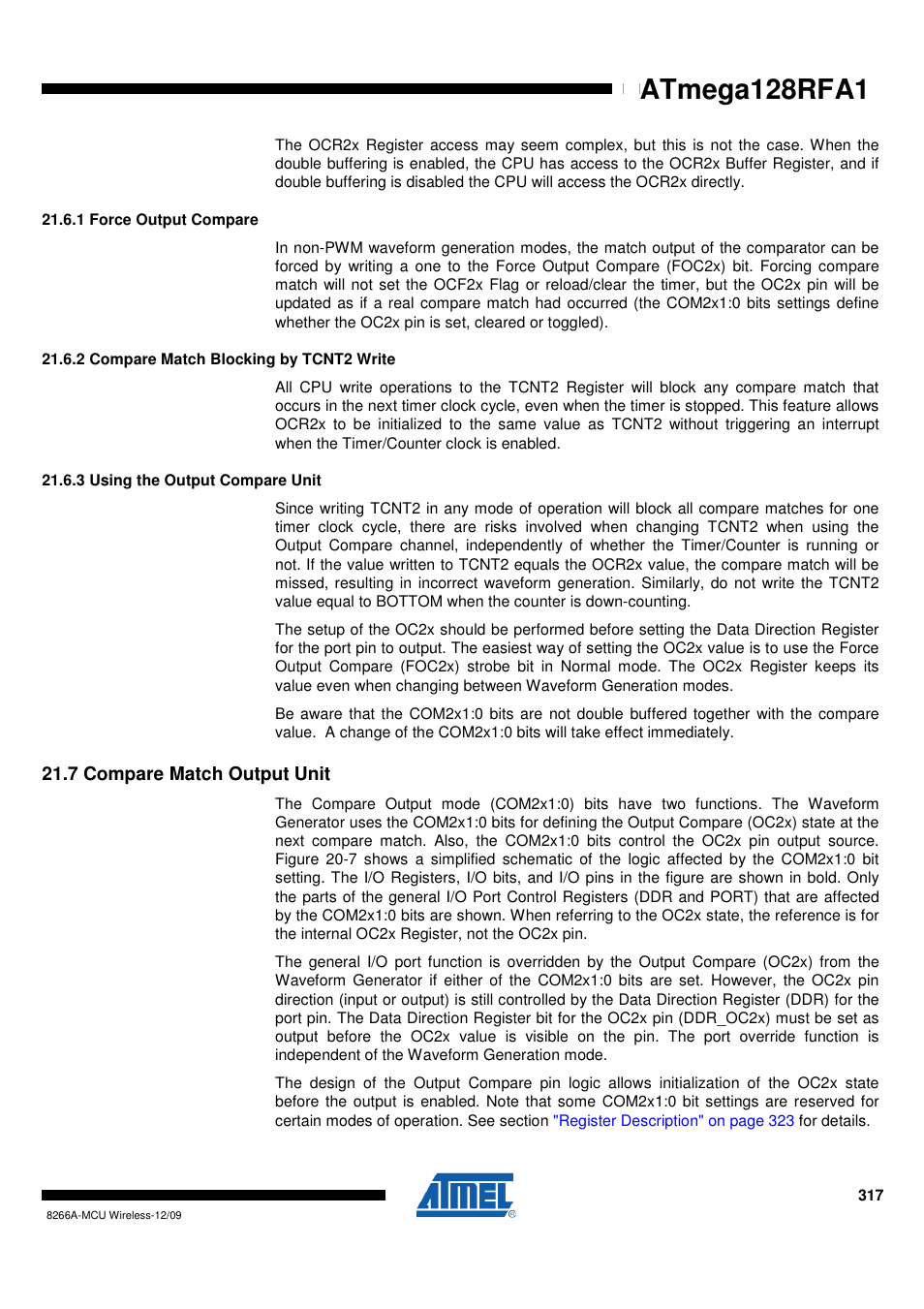 1 force output compare, 2 compare match blocking by tcnt2 write, 3 using the output compare unit | 7 compare match output unit | Rainbow Electronics ATmega128RFA1 User Manual | Page 317 / 524