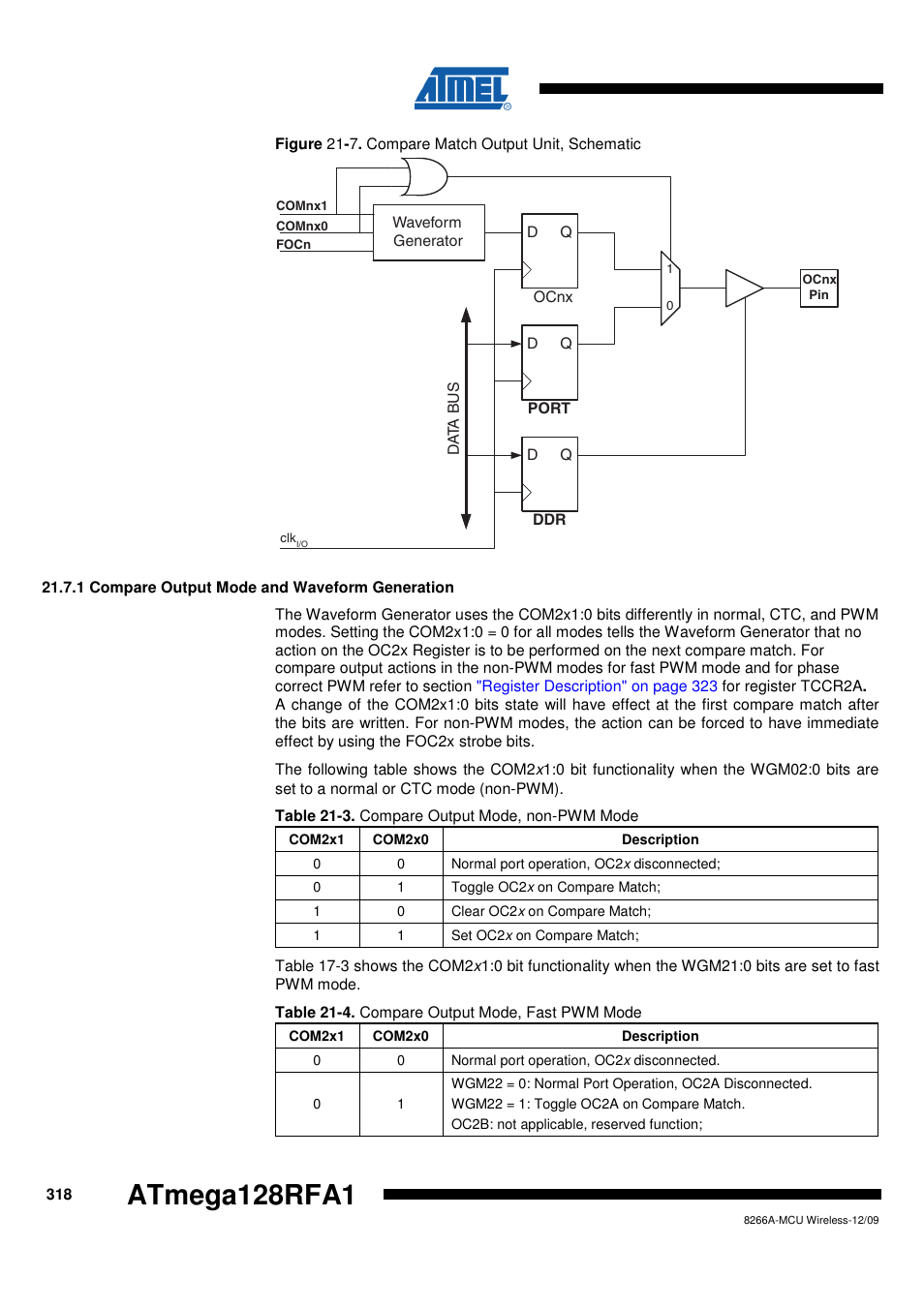1 compare output mode and waveform generation, Atmega128rfa1 | Rainbow Electronics ATmega128RFA1 User Manual | Page 318 / 524
