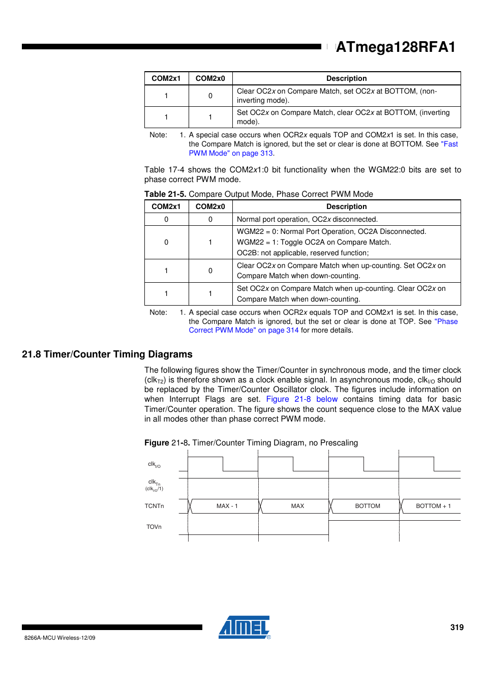 8 timer/counter timing diagrams, Timer/counter timing diagrams" on, Atmega128rfa1 | Rainbow Electronics ATmega128RFA1 User Manual | Page 319 / 524