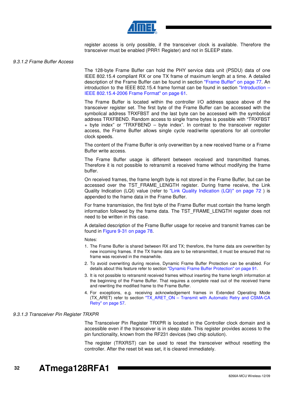 2 frame buffer access, 3 transceiver pin register trxpr | Rainbow Electronics ATmega128RFA1 User Manual | Page 32 / 524