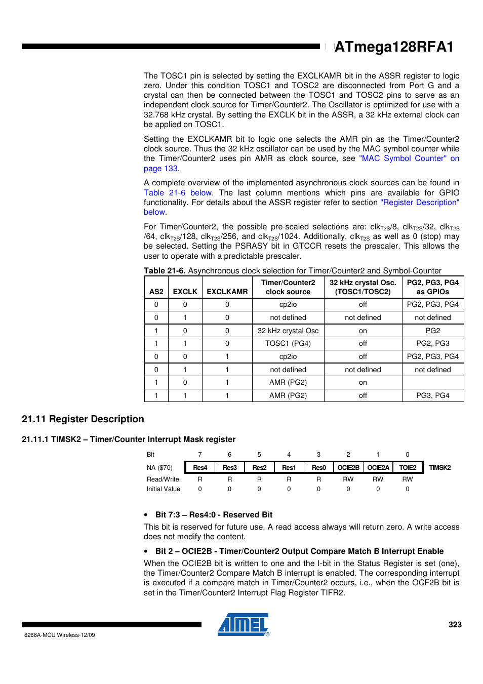 11 register description, 1 timsk2 - timer/counter interrupt mask register, Register description" on | Atmega128rfa1 | Rainbow Electronics ATmega128RFA1 User Manual | Page 323 / 524