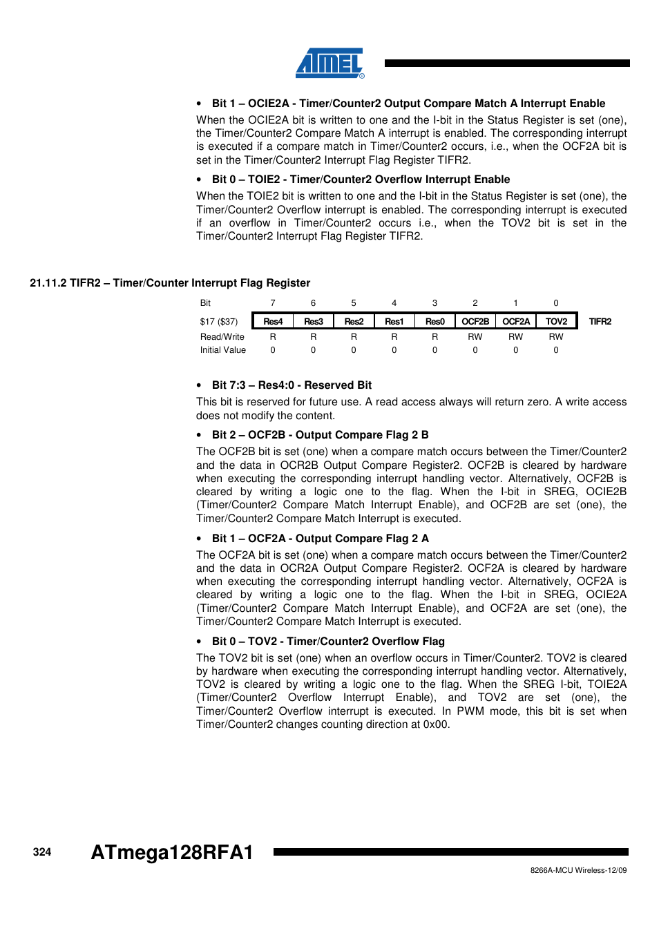 2 tifr2 - timer/counter interrupt flag register, Atmega128rfa1 | Rainbow Electronics ATmega128RFA1 User Manual | Page 324 / 524