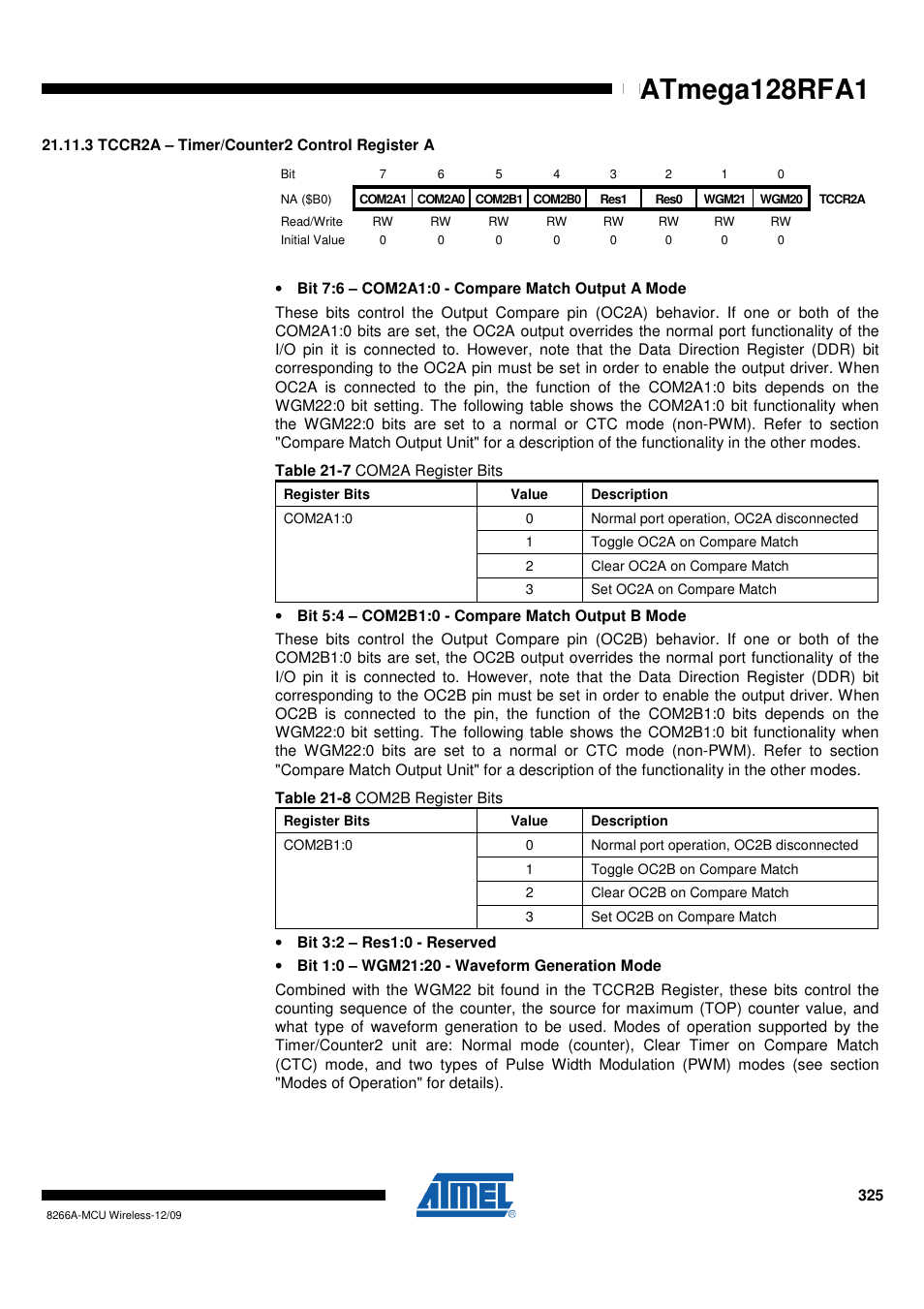 3 tccr2a - timer/counter2 control register a, Atmega128rfa1 | Rainbow Electronics ATmega128RFA1 User Manual | Page 325 / 524