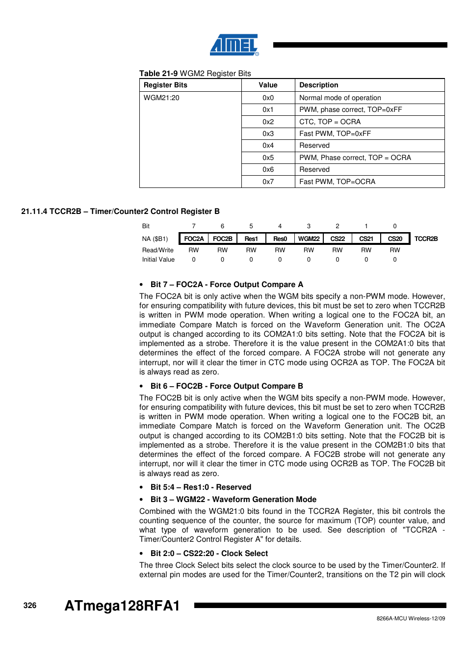 4 tccr2b - timer/counter2 control register b, Atmega128rfa1 | Rainbow Electronics ATmega128RFA1 User Manual | Page 326 / 524