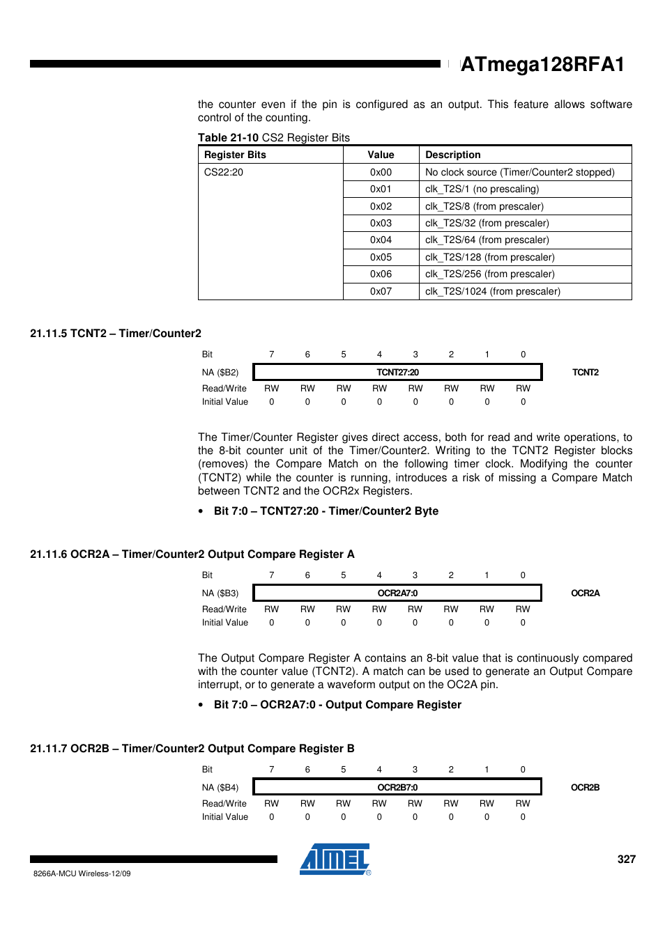 5 tcnt2 - timer/counter2, 6 ocr2a - timer/counter2 output compare register a, 7 ocr2b - timer/counter2 output compare register b | Atmega128rfa1 | Rainbow Electronics ATmega128RFA1 User Manual | Page 327 / 524