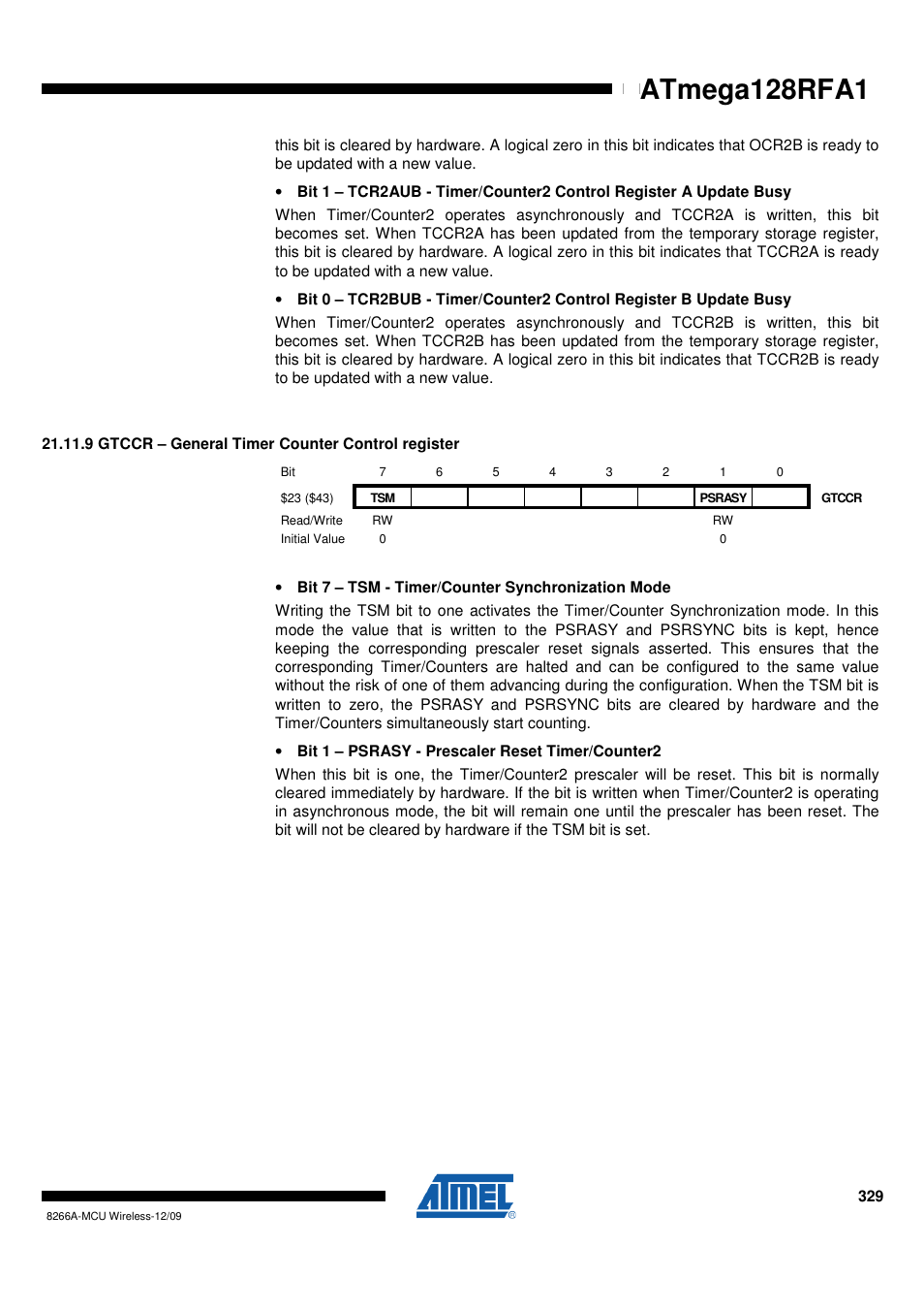 9 gtccr - general timer counter control register, Atmega128rfa1 | Rainbow Electronics ATmega128RFA1 User Manual | Page 329 / 524