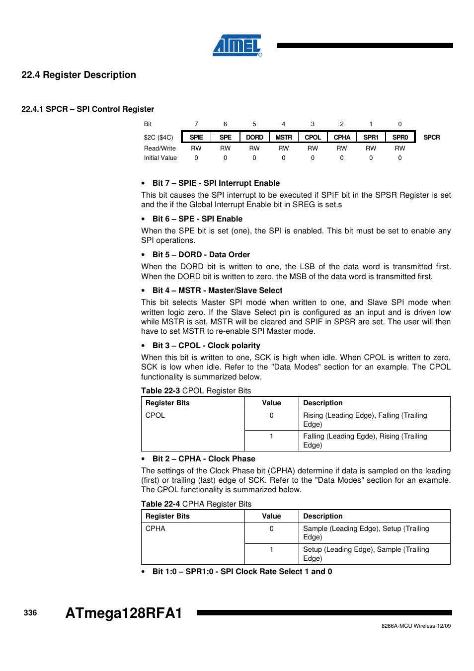 4 register description, 1 spcr - spi control register, Atmega128rfa1 | Rainbow Electronics ATmega128RFA1 User Manual | Page 336 / 524