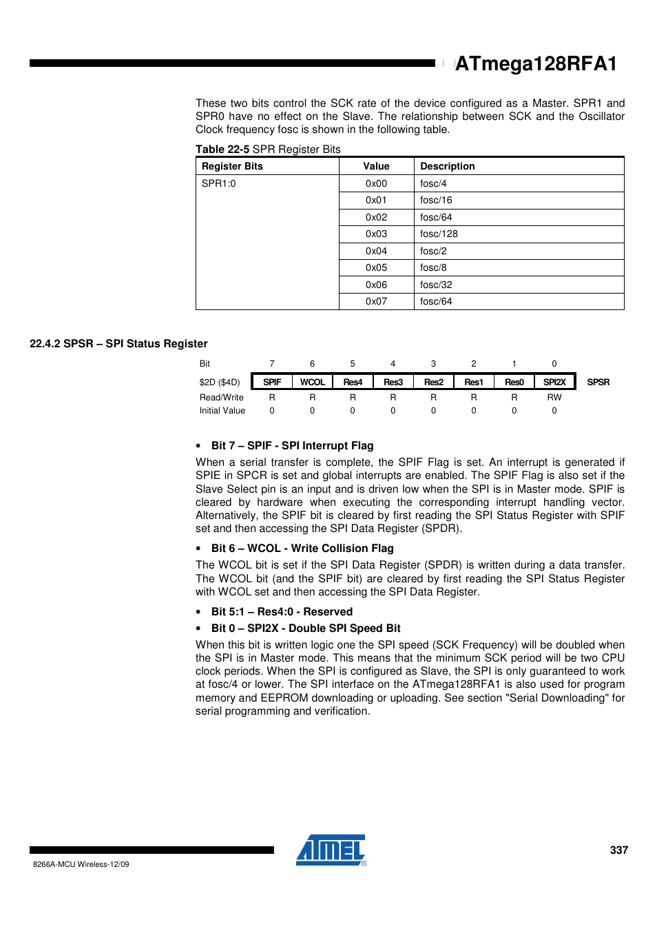 2 spsr - spi status register, Atmega128rfa1 | Rainbow Electronics ATmega128RFA1 User Manual | Page 337 / 524