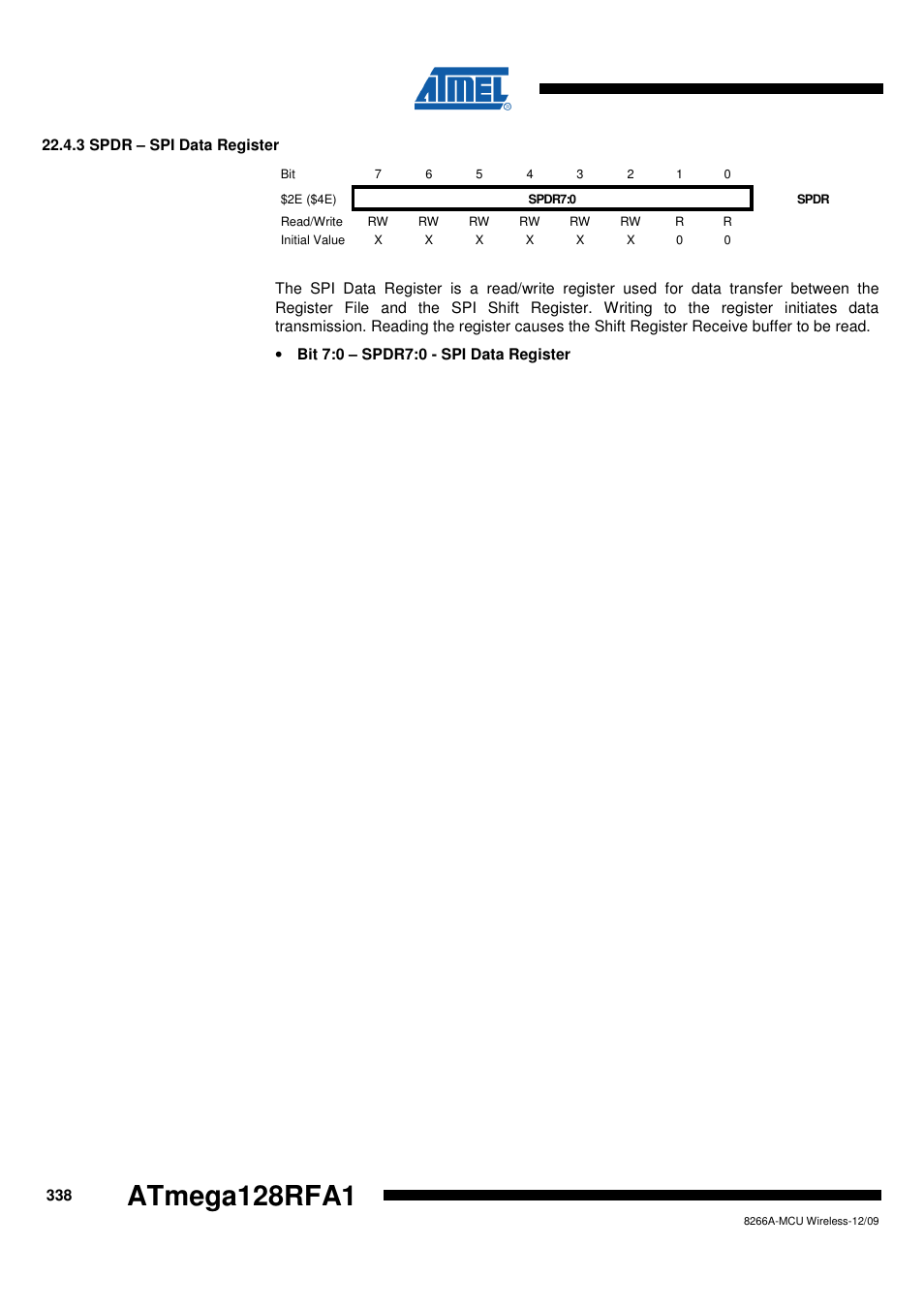 3 spdr - spi data register, Atmega128rfa1 | Rainbow Electronics ATmega128RFA1 User Manual | Page 338 / 524