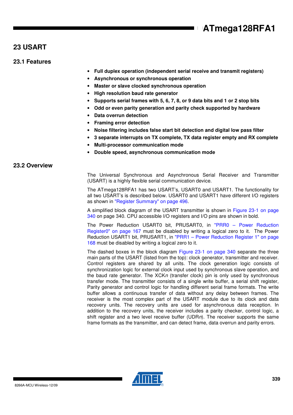 23 usart, 1 features, 2 overview | Atmega128rfa1 | Rainbow Electronics ATmega128RFA1 User Manual | Page 339 / 524